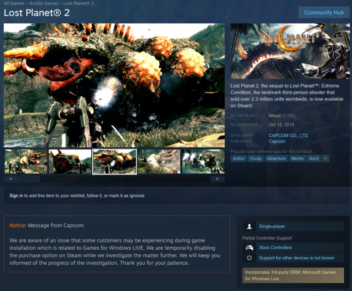 Lost Planet 2 Steam pagina met Capcom update over multiplayer (Afbeelding bron: Steam)