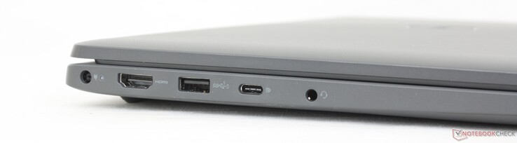 Links: eigen wisselstroomadapter, HDMI 1.4, USB-A 3.2 Gen. 1, USB-C 3.2 Gen. 2 w/ DisplayPort 1.4 + Power Delivery, 3,5 mm headset