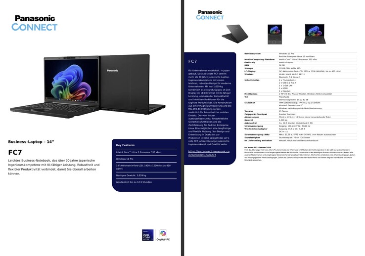 Specificaties van de Panasonic Let's Note FC7