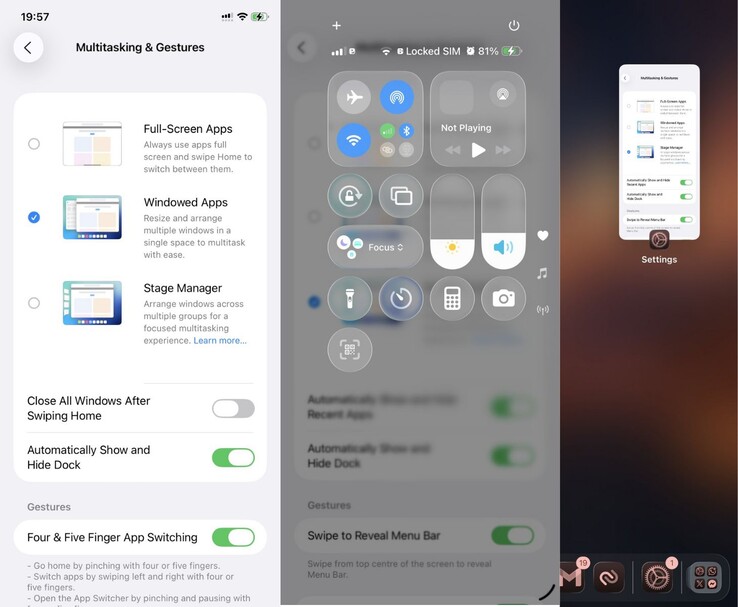 Schermafbeeldingen van een iPhone-interface met multitasking-opties in iPad-stijl, overlays van het Control Center en voorvertoningen van apps in vensters. (Afbeeldingsbron: idevicecentral)