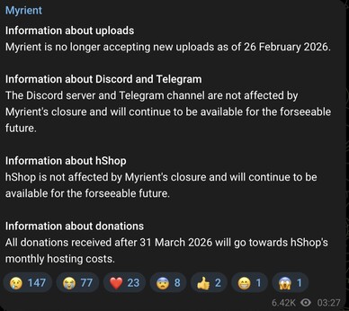 Uploaden naar Myrient zal niet langer mogelijk zijn.