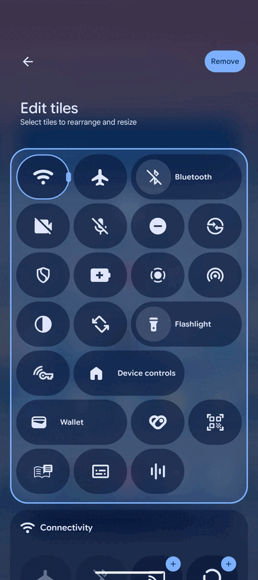 Tweak voor uitlijning in het scherm Bewerk tegels van Snelle instellingen (Afb. bron: 9to5Google)