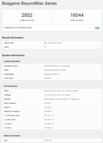Bosgame M5 AI Mini Desktop op Geekbench (bron: Geekbench)
