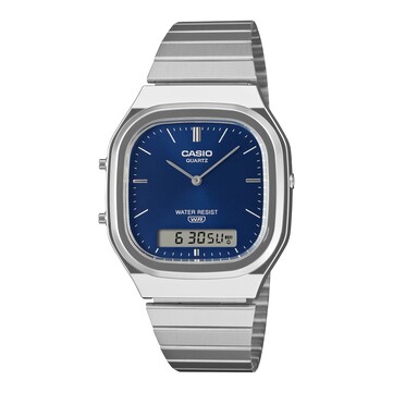 Casio AQ-240E-2A2 retro analoog-digitaal horloge met een blauwe wijzerplaat met sunburst-patroon, een zilverkleurige kast en een roestvrijstalen armband.