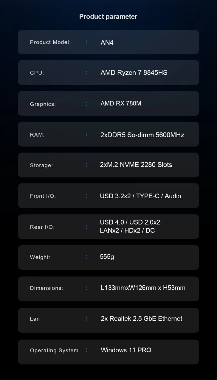 Volledige specificaties van de mini PC (Afbeelding bron: Chatreey)