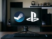 Steam- en PlayStation-logo's op pc-monitor