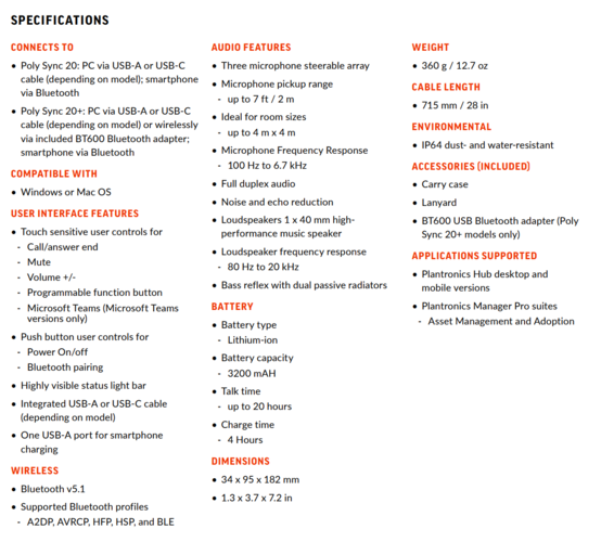 Poly Sync 20 - Specificaties. (Bron: Poly)