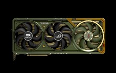 De ROG Astral GeForce RTX 5080 wordt geleverd in groen en goud, net als de uitrusting van de Doomslachter. (Afbeeldingsbron: Asus/Bethesda