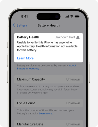 De waarschuwing voor niet-originele onderdelen is een uitstekend voorbeeld van het gijzelen van consumenten voor iets dat eenvoudig te vervangen zou moeten zijn (Bron: Apple Support)