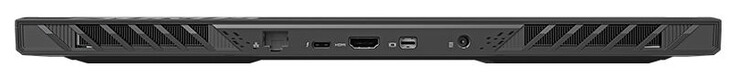 Achterkant: Gigabit Ethernet (2,5 GBit/s), Thunderbolt 4 (USB-C; Power Delivery), HDMI 2.1, Mini Displayport 1.4, stroomaansluiting