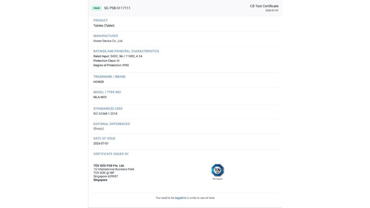TÜV SÜD-certificering voor de Honor Pad 20 Pro.