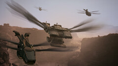Ornithopters zweven boven de woestijn in Funcom&#039;s survival MMO Dune: Awakening (Beeldbron: Funcom persmateriaal)