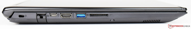 Linkerkant: Kensington lock, Ethernet, USB 3.1 Gen 1 Type-C, HDMI, USB 3.0, SD kaartlezer