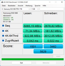 Ondergemiddelde scores in AS SSD voor een 980 Pro.