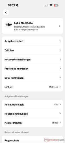 Menu met aanvullende instellingen