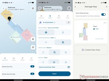 eufy app met laadanimatie, reinigingsopties en kaartmanager.