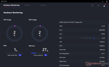 MSI Center hardware monitoring. Merk op dat het Energieplan altijd Balanced aangeeft, wat waarschijnlijk een bug is in onze huidige versie van de software