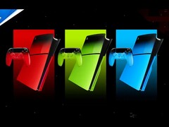 Artistieke render van PS5-console en Dual Sense-controller in rode, groene en blauwe kleuren.