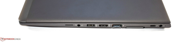 Rechts: SIM-sleuf, 3.5-mm-klink, USB 3.0 Type-A-poort, HDMI, RJ45 Ethernet, docking-poort, USB Type-C Thunderbolt 3-poort, stroomconnector