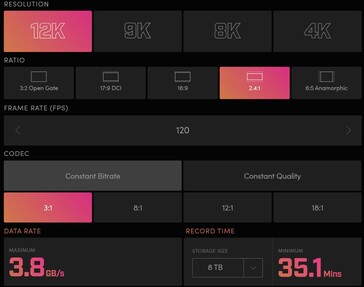 De Ursa kan opnemen in meerdere beeldverhoudingen, compressiemodi en bitrates, waaronder 12K 2,4:1 bij 120 fps. (Bron: Blackmagic)