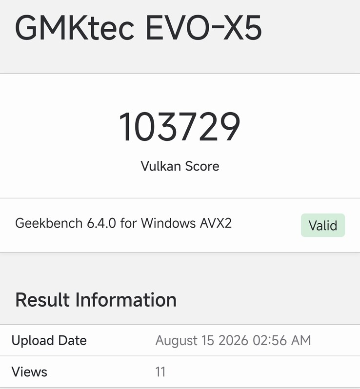 De Geekbench-vermelding voor de GMKtec EVO-X5