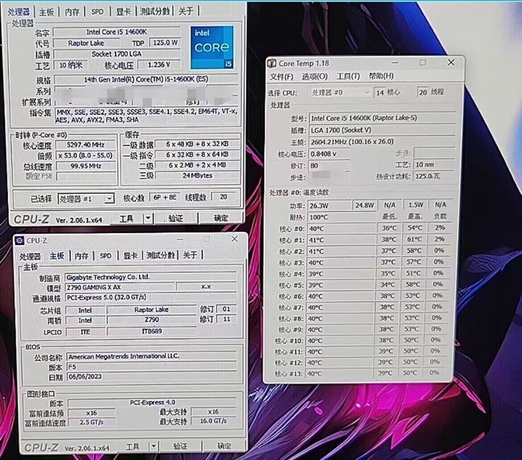 Core i5-14600K CPU-Z en Core Temp informatie. (Bron: @9550pro op Twitter)