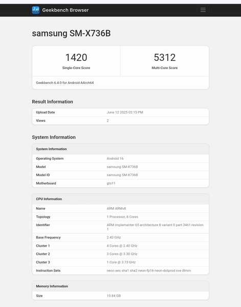 Galaxy Tab S11 Geekbench notering (afbeeldingsbron: Abhishek Yadav op X)