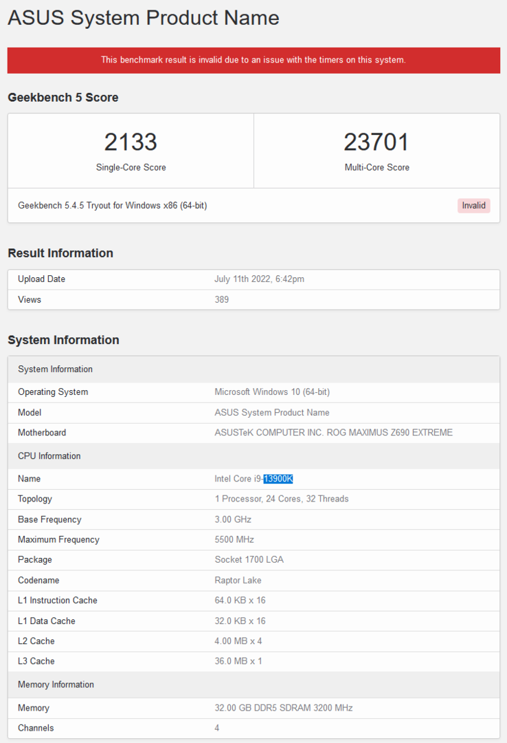 Intel Core i9-13900K Geekbench score (afbeelding via Geekbench)