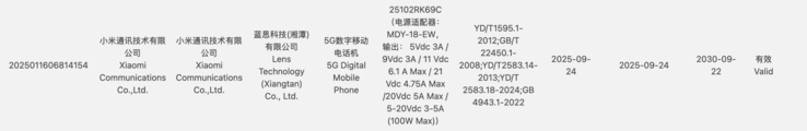 Certificering van smartphone met modelnummer 25102RK69C. (Afbeeldingsbron: 3C certificering)