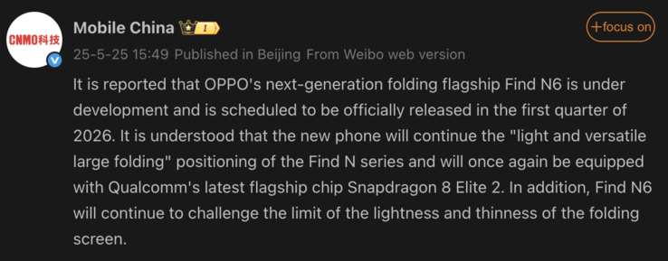 Oppo Find N6 uitgelekte informatie. (Afbeeldingsbron: Weibo - machine vertaald)