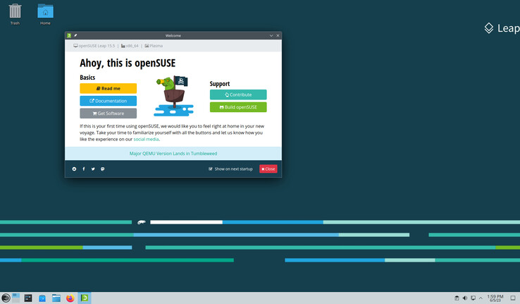 Schermafbeelding van een zojuist ingestelde installatie van Leap 15.5 met KDE Desktop (Afbeelding: openSUSE).