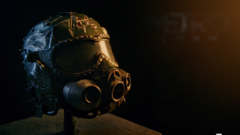 Close-up van de replica van de Spartan-helm uit de Metro 2039 Collector's Edition, met een donker vizier, geïntegreerde gasmaskerelementen en door gevechten getekende details.