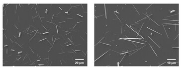 Beelden van de elektronenmicroscoop van de tellurium nanodraden in het netvliesimplantaat. (Afbeeldingsbron: Science. DOI: 10.1126/science.adu2987)
