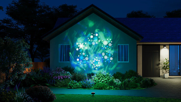 De Govee Outdoor Decoration Projector Light biedt themabeelden tegen een gekleurde achtergrond. (Afbeeldingsbron: Govee)