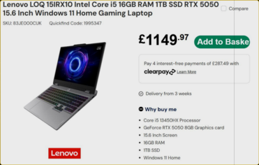 Lenovo LOQ specificaties en prijs (Afbeelding Bron: Laptops Direct)