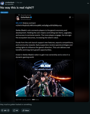 Gehackt Stellar Blade X account met crypto-oplichtingspost (Afbeeldingsbron: screenshot, Stellar Blade subreddit)