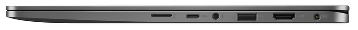 Rechterkant: kaartlezer (MicroSD), USB 3.1 Gen 1 (Type C), audiopoort, USB 3.1 Gen 1 (Type A), HDMI, stroomaansluiting