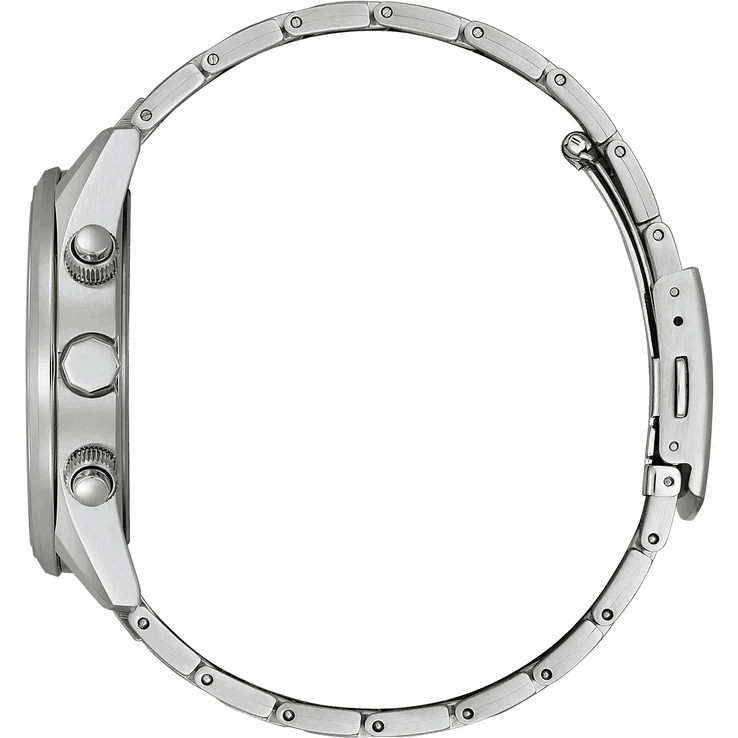 Zijaanzicht van de Citizen World Chronograph A.T. AT8260-85X, met de roestvrijstalen kast, de kroon, de twee chronograafdrukknoppen en de armband.
