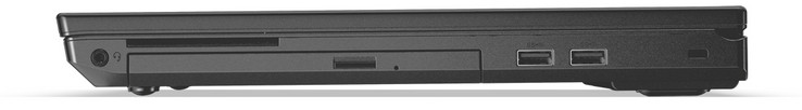 Rechts: gecombineerde stereo-aansluiting, smart card-lezer (niet aanwezig in onze test-unit), DVD-brander, 2x USB 3.1 Gen 1 (Type), security-lock