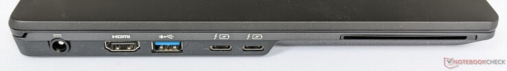 Linkerzijde: Stopcontact, HDMI-uitgang, één USB-A 3.2 Gen 1-poort, twee Thunderbolt 4-poorten (met PD en DP 1.2), smartcardlezer