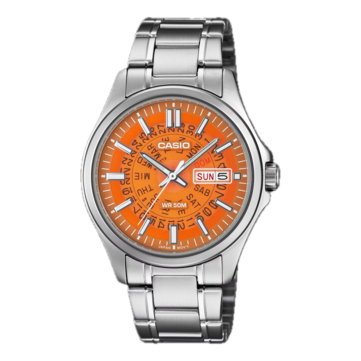 De oranje MTP-E740-4AV van Casio is voorzien van een doorschijnende wijzerplaat, geïnspireerd op de Time Sonar-horloges van Seiko uit de jaren 70.