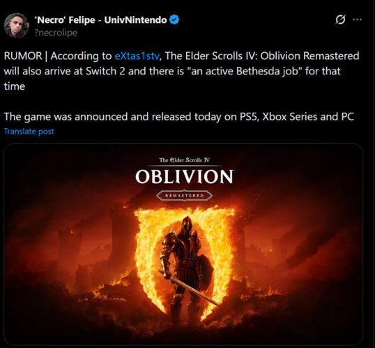 The Elder Scrolls IV: Oblivion Remastered Switch 2 lek van eXtas1stv (Afbeelding bron: screenshot, 'Necro' Felipe #UnivNintendo X account)
