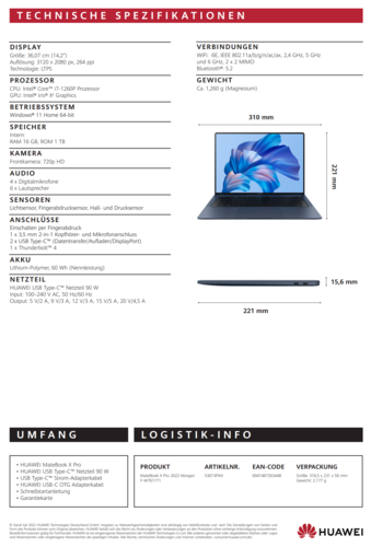 Huawei MateBook X Pro - Specificaties. (Afbeelding Bron: Huawei)