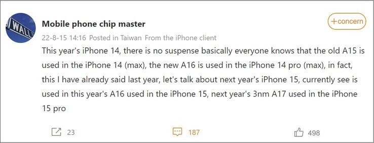 Apple iPhone 15 claim. (Afbeelding bron: Weibo - machine vertaald)