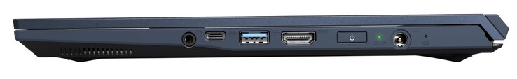 rechterzijde: 3,5 mm aansluiting, USB-C 3.2 Gen2, USB-A 3.2 Gen1, HDMI 2.0, aan/uit-knop, stroomtoevoer