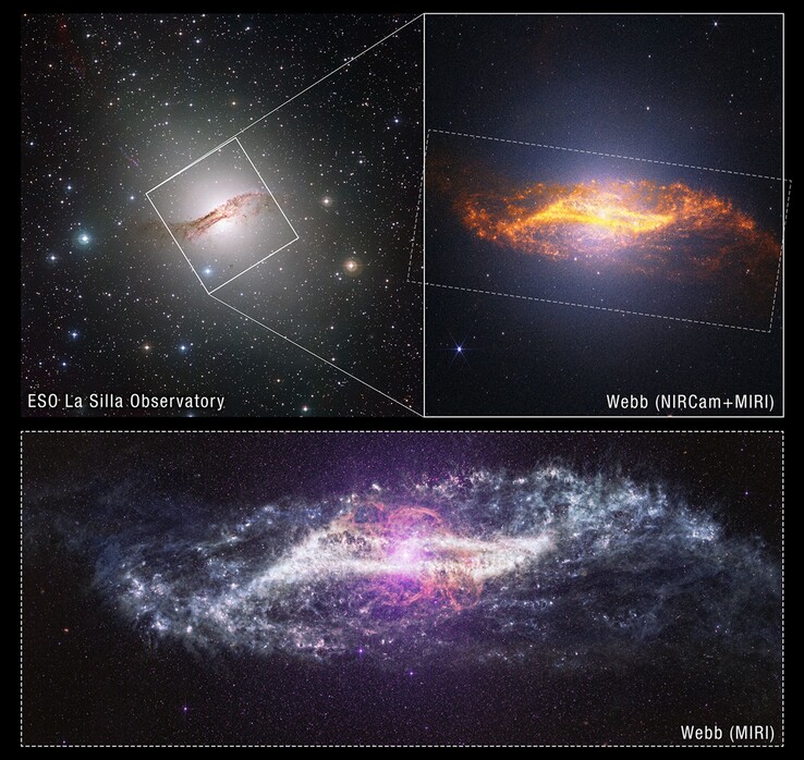 Een afbeelding van het sterrenstelsel Centaurus A, waargenomen met verschillende instrumenten.