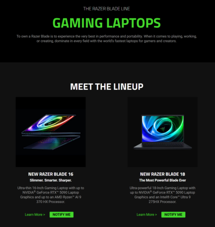 Razer Blade laptops niet op voorraad in Amerikaanse winkel (Afbeelding bron: screenshot, Razer Amerikaanse winkel)