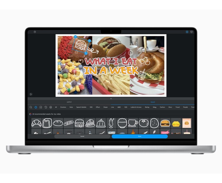 MacBook met VLLO-app met AI-voorgestelde stickers voor een vlog over eten. (Afbeeldingsbron: Apple Newsroom)