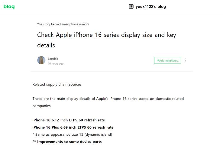 De nieuwste "iPhone 16-serie displayspecificaties" blogpost (vertaald). (Bron: Naver)
