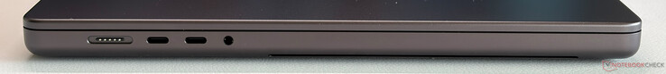 Links: MagSafe, 2x USB-C 4.0 met Thunderbolt 5 (120 Gbps, DisplayPort 2.1, Power Delivery), 3,5-mm audio